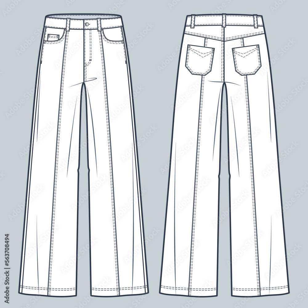 Unisex Jeans Pants Technical Fashion Illustration Wide Jeans Fashion Flat Technical Drawing 4937