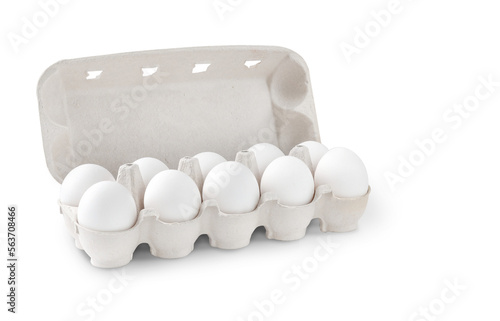 Cardboard container with ten eggs on white background with shadow