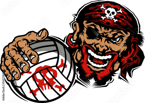 pirate mascot holding volleyball for school, college or league sports