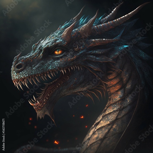 Dragon reptile burning fire. Generative AI © Scrudje