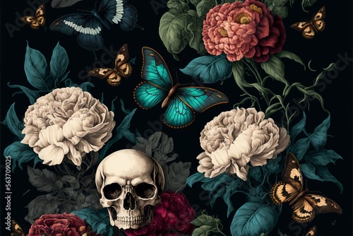 Vászonkép Vintage floral seamless background with skulls, peonies, butterflies