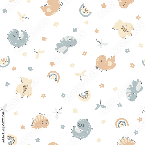 Baby dino seamless pattern. Cute hand drawn dinosaur characters in a simple cartoon doodle style in a limited gender neutral palette. Ideal for fabric printing, textiles, nursery wallpaper.