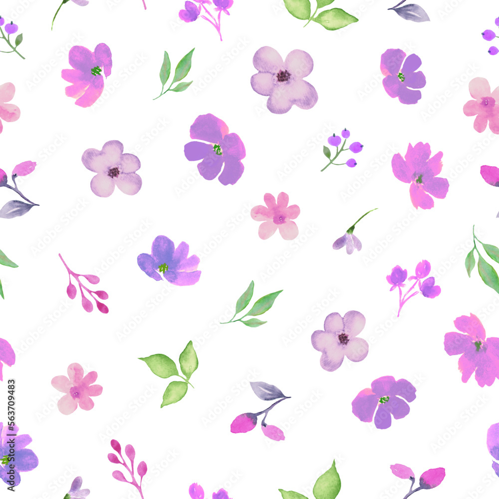 Watercolor seamless pattern with  abstract purple flowers. Hand drawn floral illustration isolated on white background. Vector EPS.