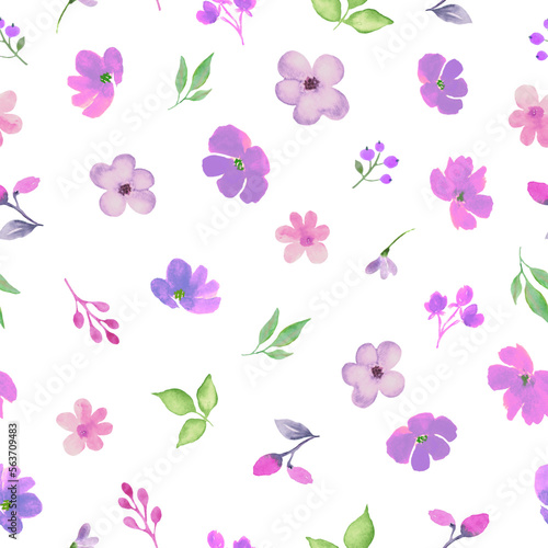 Watercolor seamless pattern with  abstract purple flowers. Hand drawn floral illustration isolated on white background. Vector EPS.
