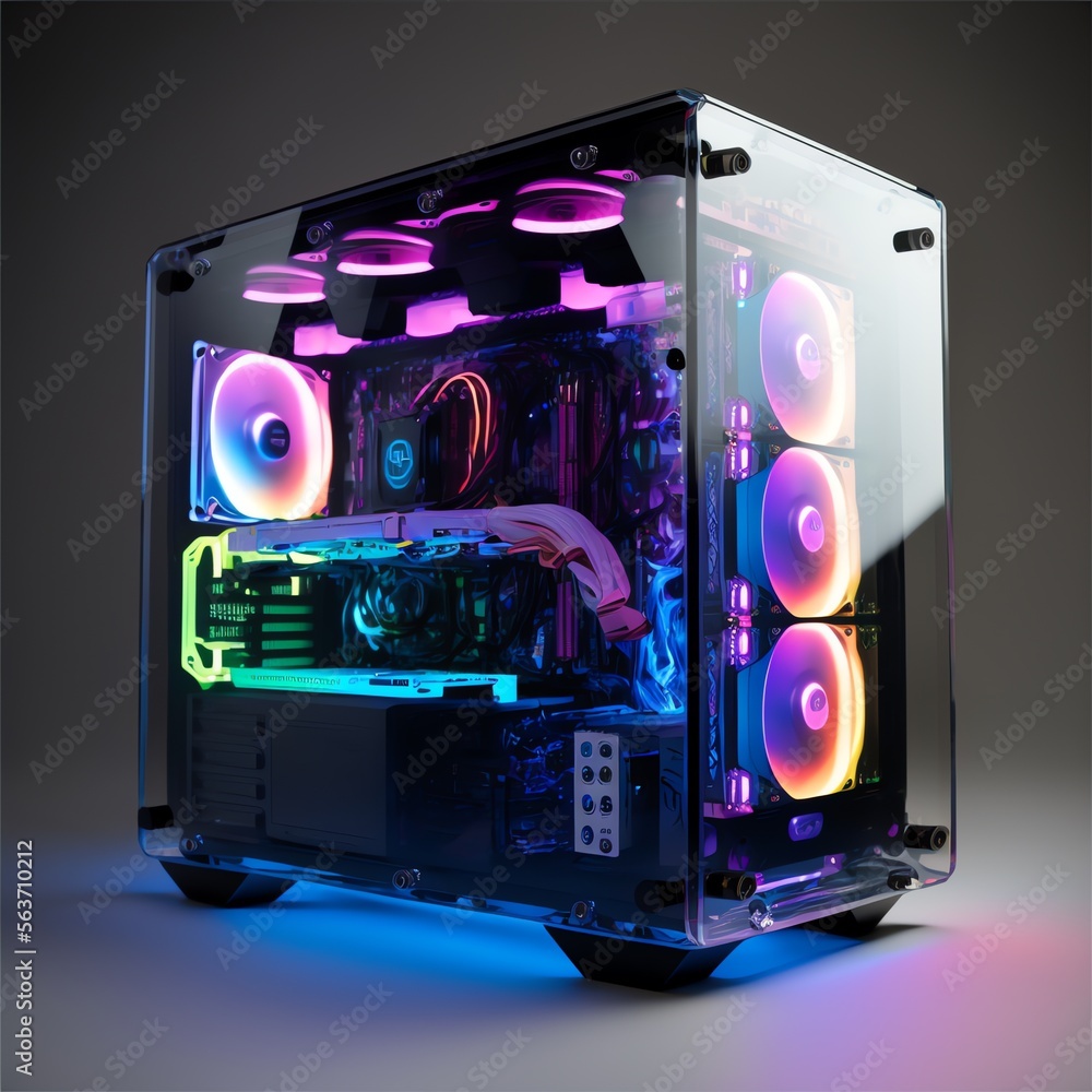 Gaming case RGB LED lights. Computer case. PC case. Generative AI