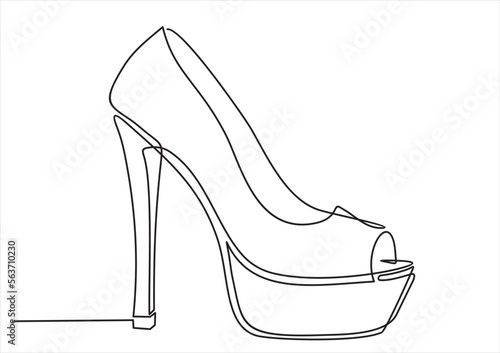 High Heel Trendy Line Art Drawing. Women's Shoe Minimalistic Black Lines Drawing. Female Elegant Shoe Continuous One Line Abstract Illustration.