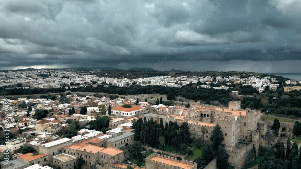 Aerial view of the ancient fortress in Rhodes on a rainy day, Greece Aerial view of the ancient fortress in Rhodes on a rainy day, Greece