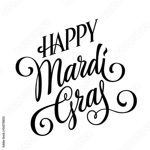 A modern and elegant calligraphy logo featuring the words - Happy Mardi Gras - in playful script lettering style. This isolated vector typography element. Beautiful flourishes inscription