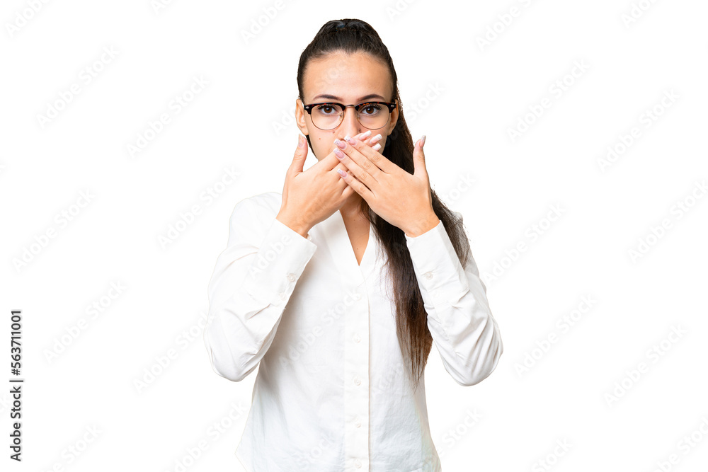 Young Arabian woman over isolated chroma key background covering mouth with hands