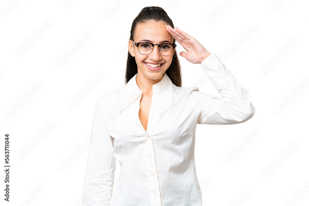 Young Arabian woman over isolated chroma key background saluting with hand with happy expression Young Arabian woman over isolated chroma key background saluting with hand with happy expression