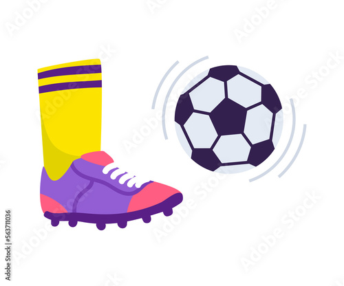 Football player foot kicking soccer ball. Sports and competition. Illustration in cartoon sticker design