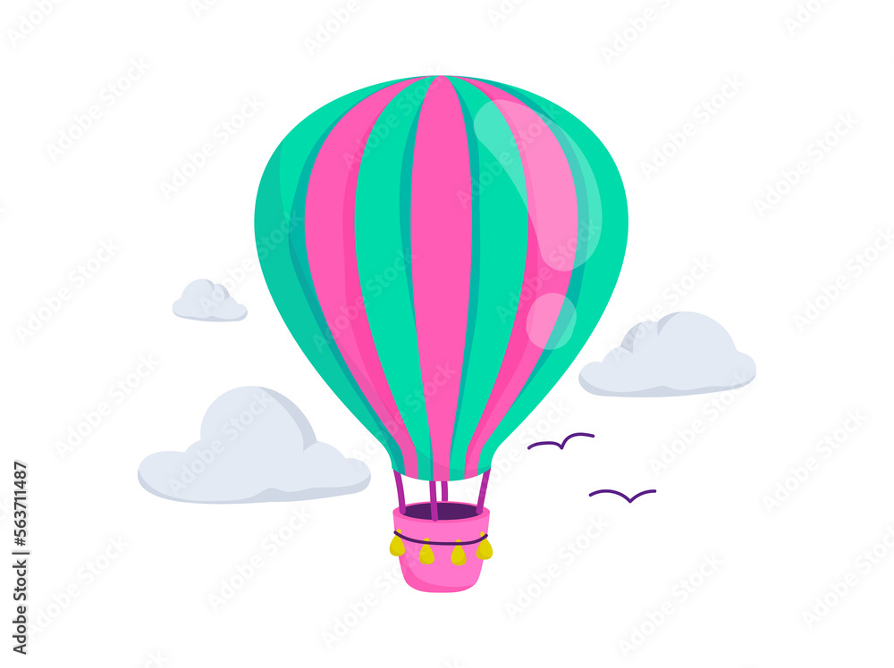 Fototapeta premium Striped hot air balloon flying in sky. Air transport for entertainment. Illustration in cartoon sticker design
