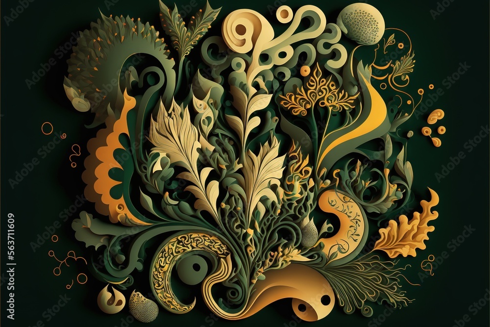  a painting of a green and yellow floral arrangement with swirls and bubbles on a dark green background with a black border around the edges of the image is a gold and green border with. Generative AI