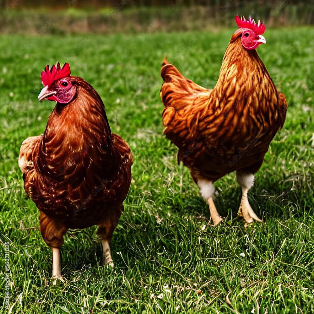 Fototapeta premium (Created With AI) Two chickens standing on a grass field
