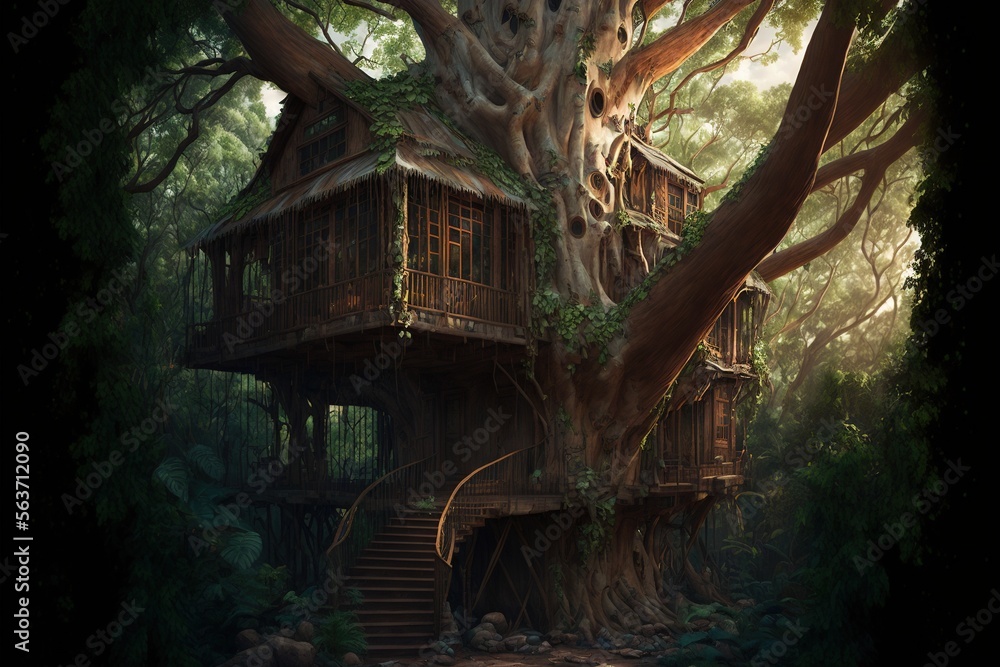 a tree house in the middle of a forest with stairs leading to it and a ...