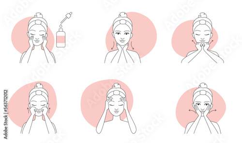 Facial massage line icons set vector illustration. Instructions and guide of skin care and beauty treatment routine of female character, abstract sketches of detox lifting massage for girls face