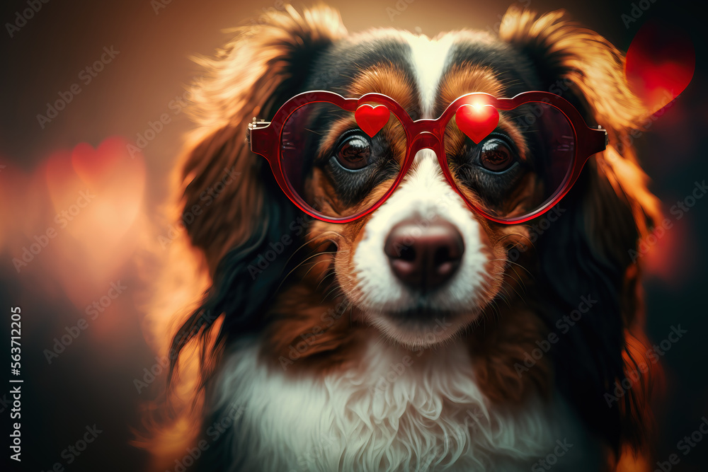 portrait of a cute dog with heart glasses, ai generated