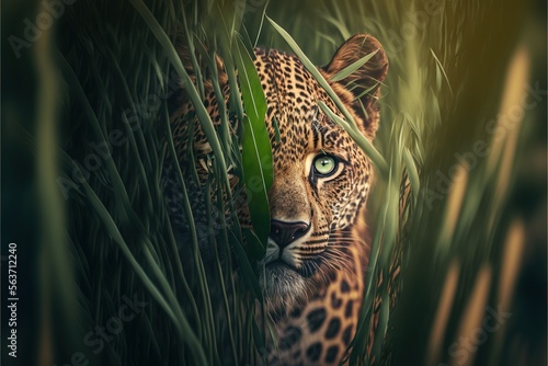  a leopard hiding in the tall grass with its eyes open and a green leaf in its mouth, with a blurry background of grass and a green background, with a green, with. , AI Generative AI photo