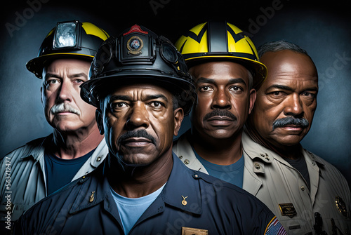 Team of firefighters. Fictitious badges. Generative AI © Sunshower Shots