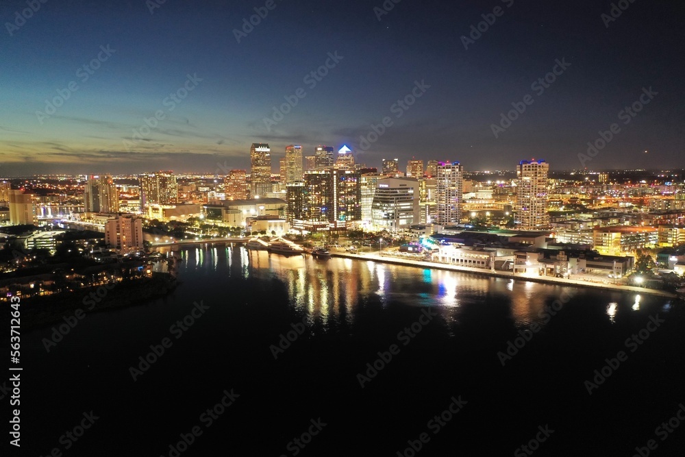 Aerial view of Tampa Bay skyline at night time spectacular