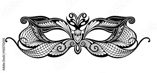 Carnival mask icon black silhouette isolated on white background. Laser cut mask with Venetian embroidery floral decoration. Vector illustration design