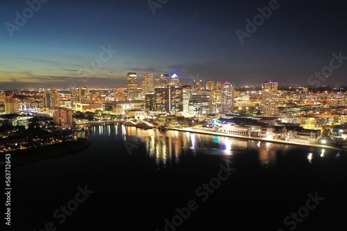 Aerial view of Tampa Bay skyline at night time spectacular