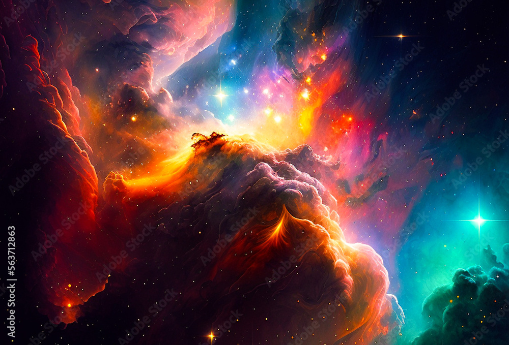 Fototapeta premium Cosmic modern illustration. Colorful space background with stars and panoramic view.Space explosion of flying asteroids.Generative AI.
