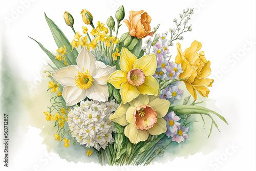 Easter watercolor image of spring bouquet with daffodils and other spring flowers, Generative AI