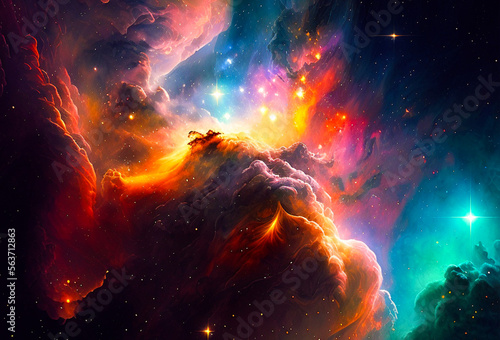 Cosmic modern illustration. Colorful space background with stars and panoramic view.Space explosion of flying asteroids.Generative AI. © gala