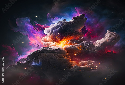 Cosmic modern illustration. Colorful space background with stars and panoramic view.Space explosion of flying asteroids.Generative AI.