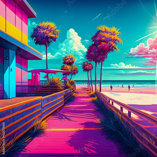 Sunny beach boardwalk whit palm trees, retro style, hand drawn illustration Generative AI