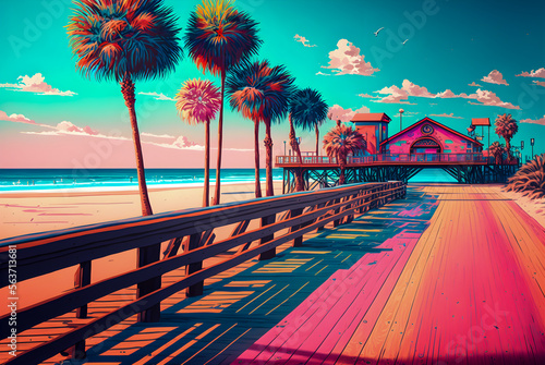Sunny beach boardwalk whit palm trees, retro style, hand drawn illustration Generative AI