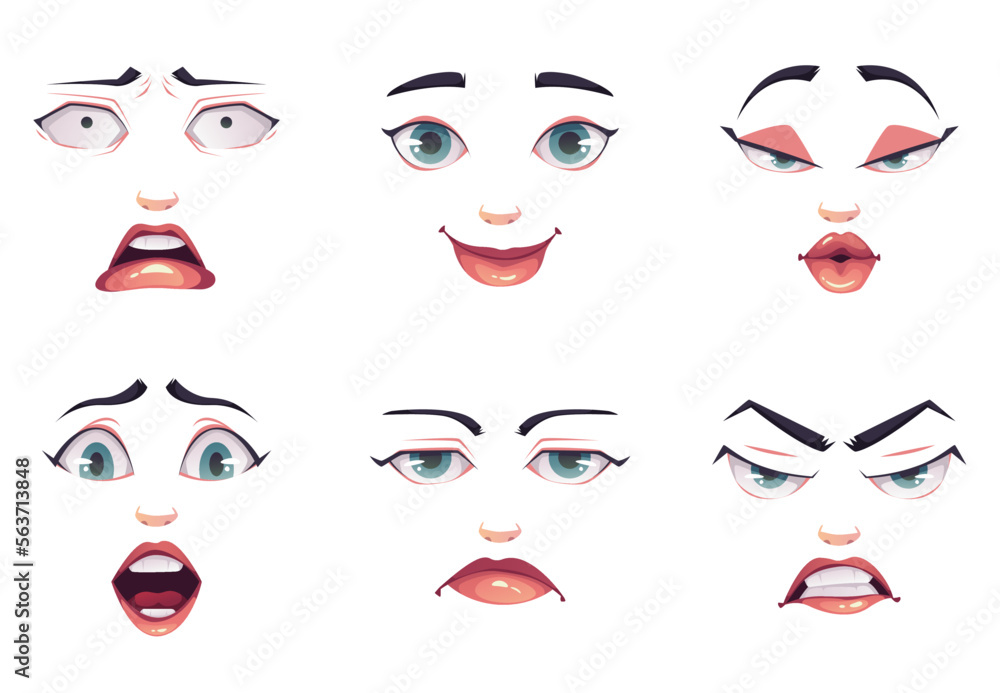 Woman face constructor template with different emotions isolated set. Vector design graphic illustration Woman face constructor template with different emotions isolated set. Vector design graphic illustration