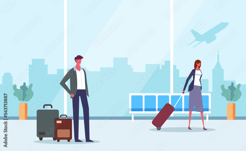 People tourist characters boarding and waiting flight. Departure terminal airport interior concept. Vector design graphic illustration People tourist characters boarding and waiting flight. Departure terminal airport interior concept. Vector design graphic illustration