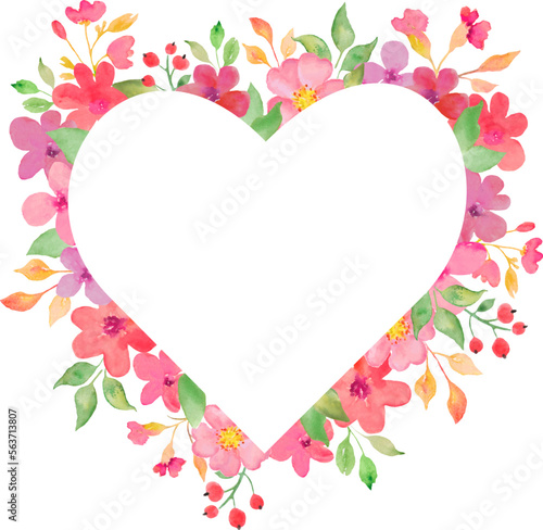 Watercolor floral  heart frame with pink painted flowers. Hand drawn illustration. Design for invitation, wedding or greeting cards. Vector EPS.