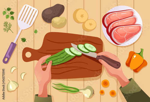 People chef cooking and chopping food on kitchen table. Top view. Vector design graphic illustration
