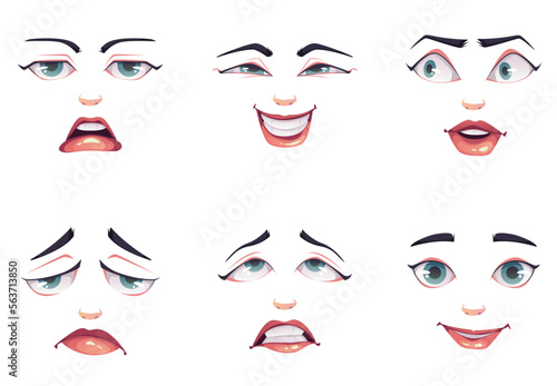Woman face constructor template with different emotions isolated set. Vector design graphic illustration
