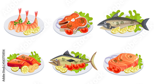 Fish seafood dish on plate. Cooking menu ingredient isolated set. Vector design graphic illustration