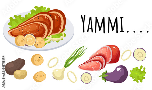 Meat dish on plate. Cooking menu ingredient isolated set. Vector design graphic illustration