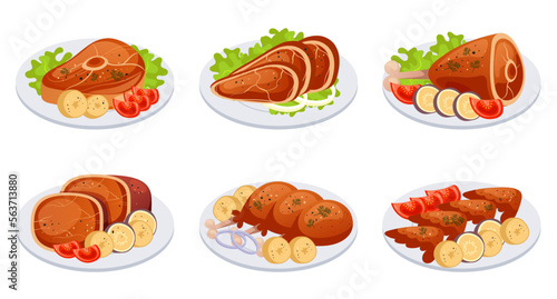 Meat dish on plate. Cooking menu ingredient isolated set. Vector design graphic illustration