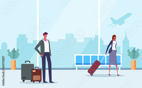 People tourist characters boarding and waiting flight. Departure terminal airport interior concept. Vector design graphic illustration