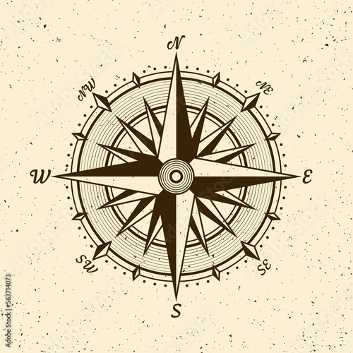 Vintage marine wind rose, nautical chart. Monochrome navigational compass with cardinal directions of North, East, South, West. Geographical position, cartography and navigation. Vector illustration.