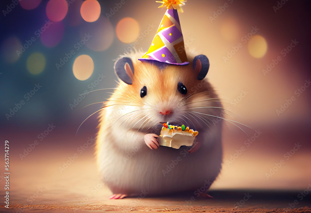Portrait von einem Hamster mit Partyhut und Geburtstagstorte am