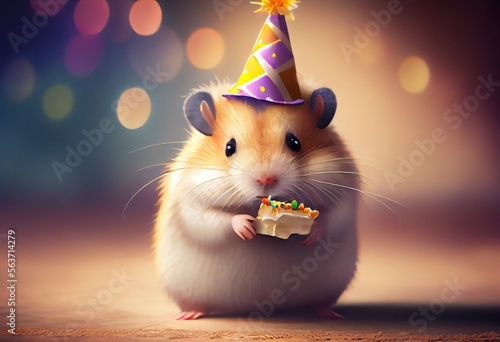 Portrait von einem Hamster mit Partyhut und Geburtstagstorte am Geburtstag feiern vor pastellfarbenen Hintergrund - Generative Ai