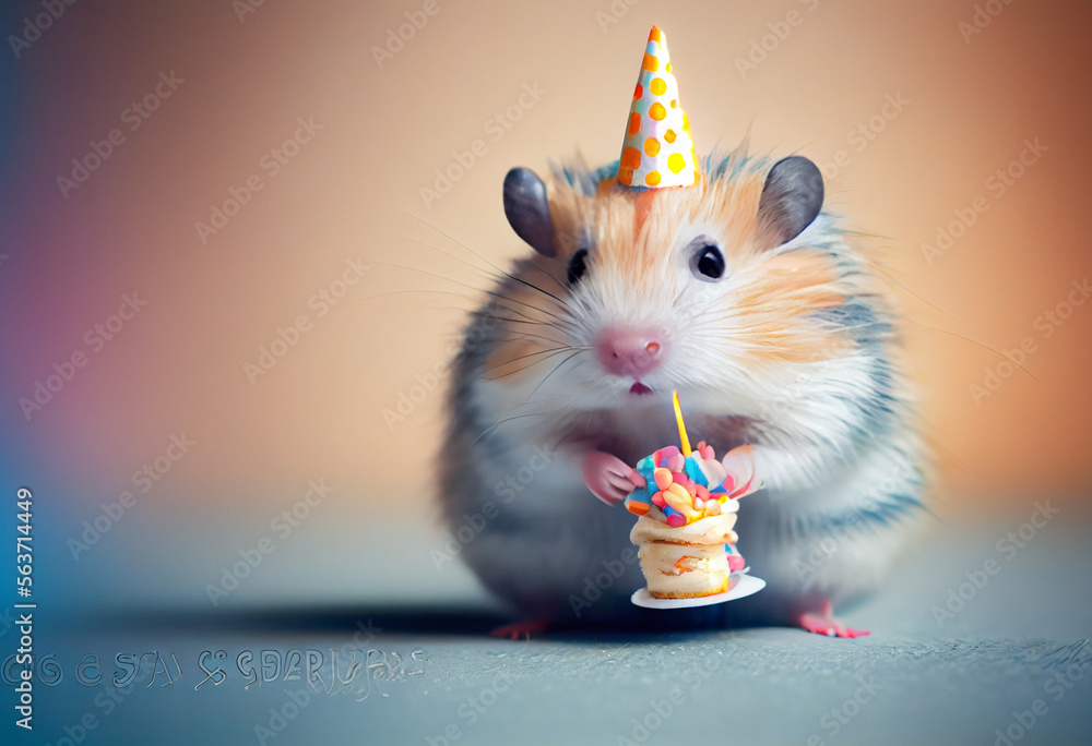 Portrait von einem Hamster mit Partyhut und Geburtstagstorte am
