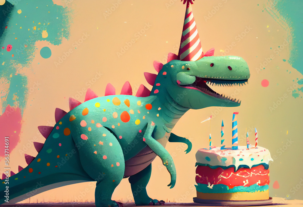 Portrait von einem Dinosaurier mit Partyhut und Geburtstagstorte am Geburtstag feiern vor pastellfarbenen Hintergrund - Generative Ai - obrazy, fototapety, plakaty 