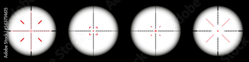 Weapon sights, sniper rifle optical scope on black background. Hunting gun viewfinder with crosshair. Aim, shooting mark symbol. Military target sign, silhouette. Game UI element. Vector illustration
