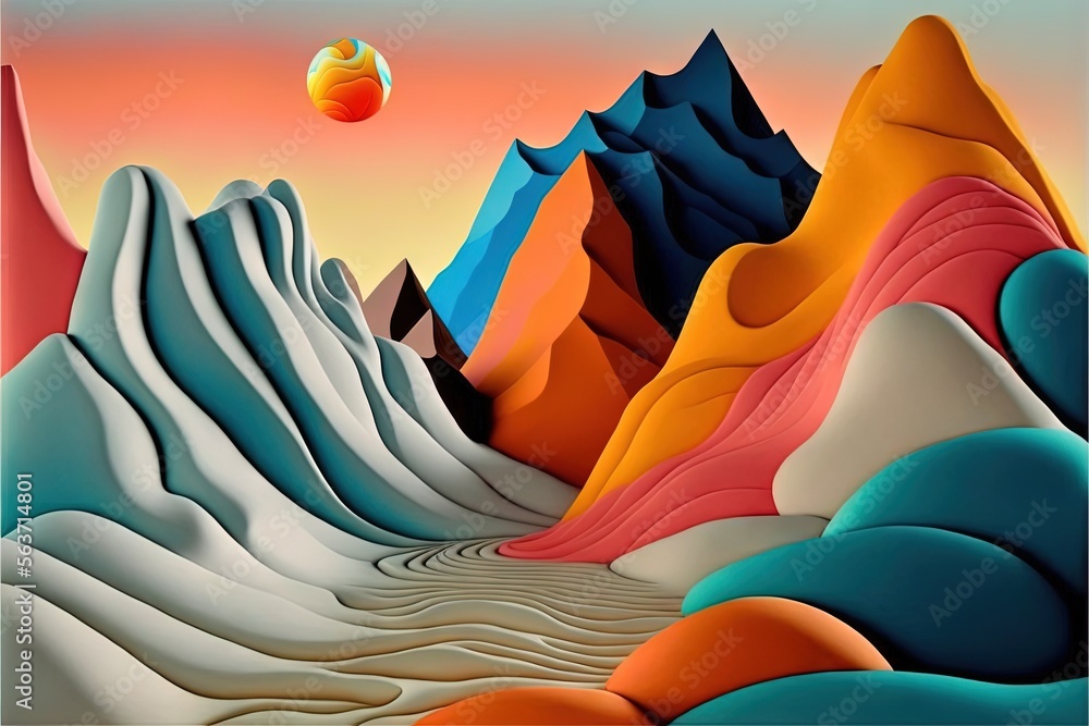 a painting of a mountain range with a ball flying over it and a sky background with a red ball in the sky above it and a mountain range with a red ball in the middle. Generative AI a painting of a mountain range with a ball flying over it and a sky background with a red ball in the sky above it and a mountain range with a red ball in the middle. Generative AI