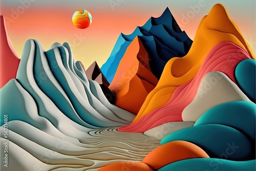  a painting of a mountain range with a ball flying over it and a sky background with a red ball in the sky above it and a mountain range with a red ball in the middle. Generative AI