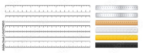 Realistic metal and plastic rulers. Measurement scales with divisions. Scale for measuring length or height in centimeters, inches. Ruler, tape measure marks, size indicators. Vector illustration